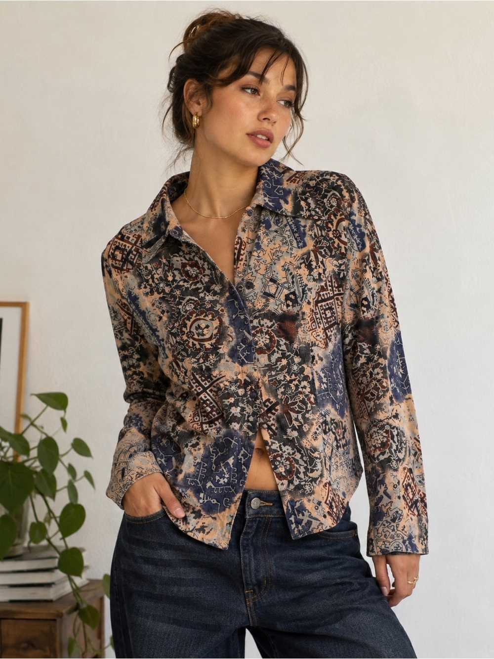 Printed Button Up Shirt L Brown Navy Abstract Cotton Art Teacher Style